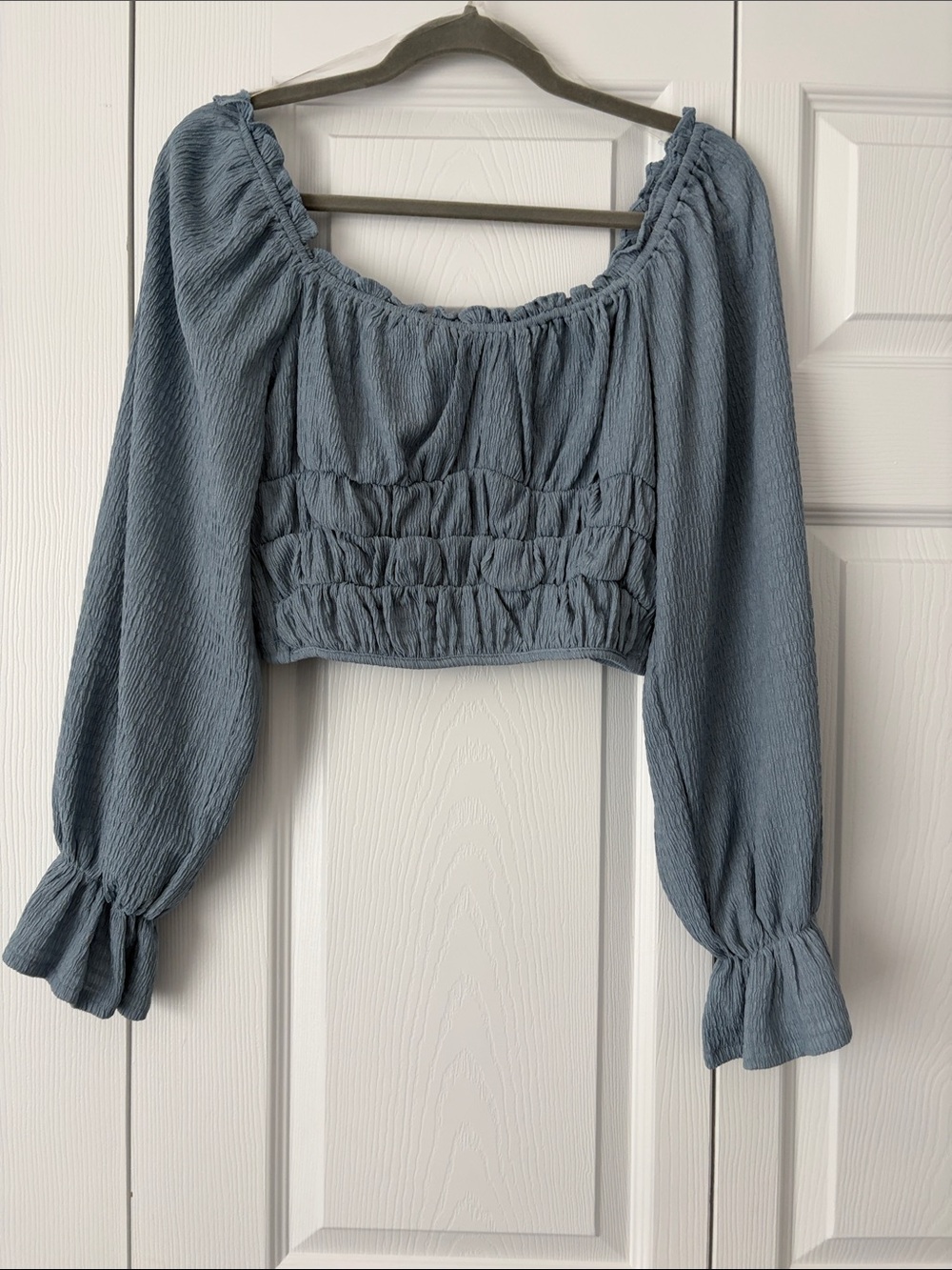 Smocked Long-Sleeve Cropped Top - Blue